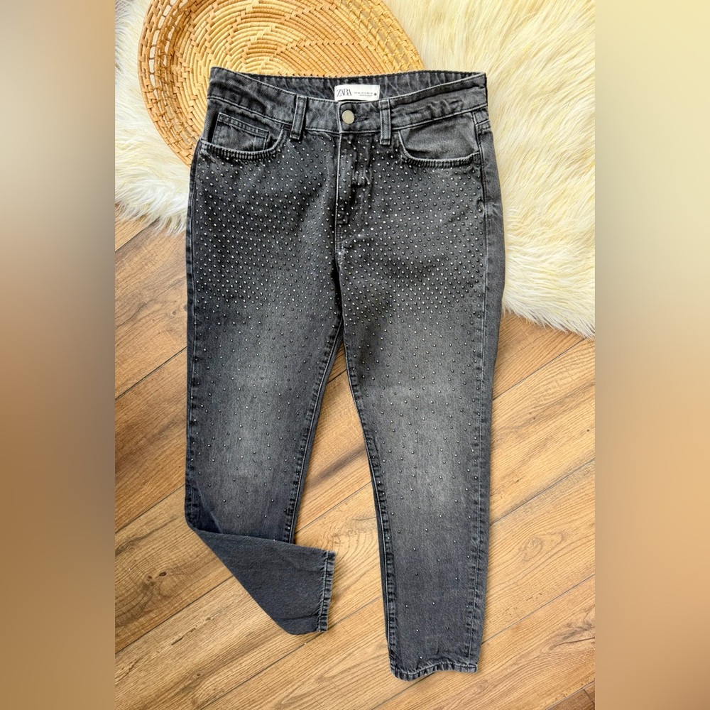 Zara Rhinestone Embellished Black Straight Leg Jeans Woman Pant Size 4